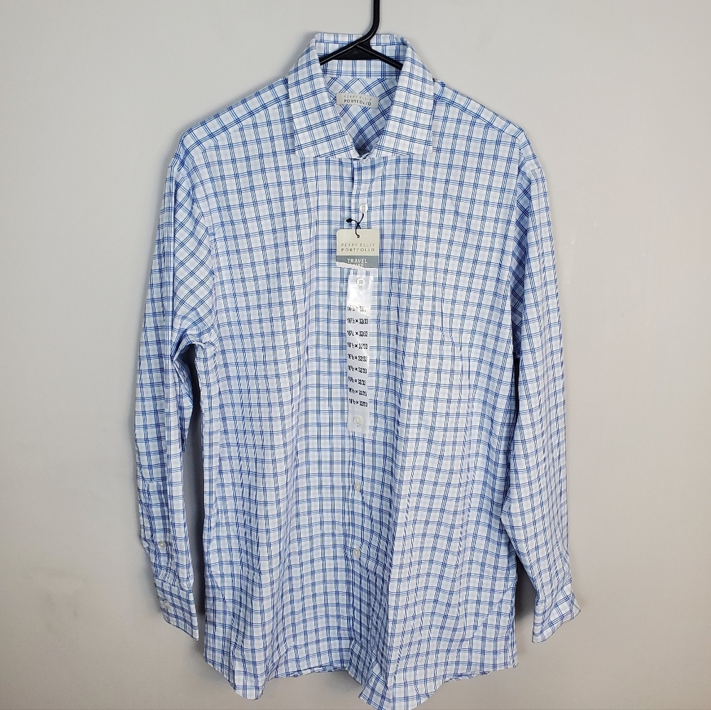 Perry Ellis Portfolio Travel Luxe Tech Shirt Blue Plaid Size 16 1/2X32 NWT